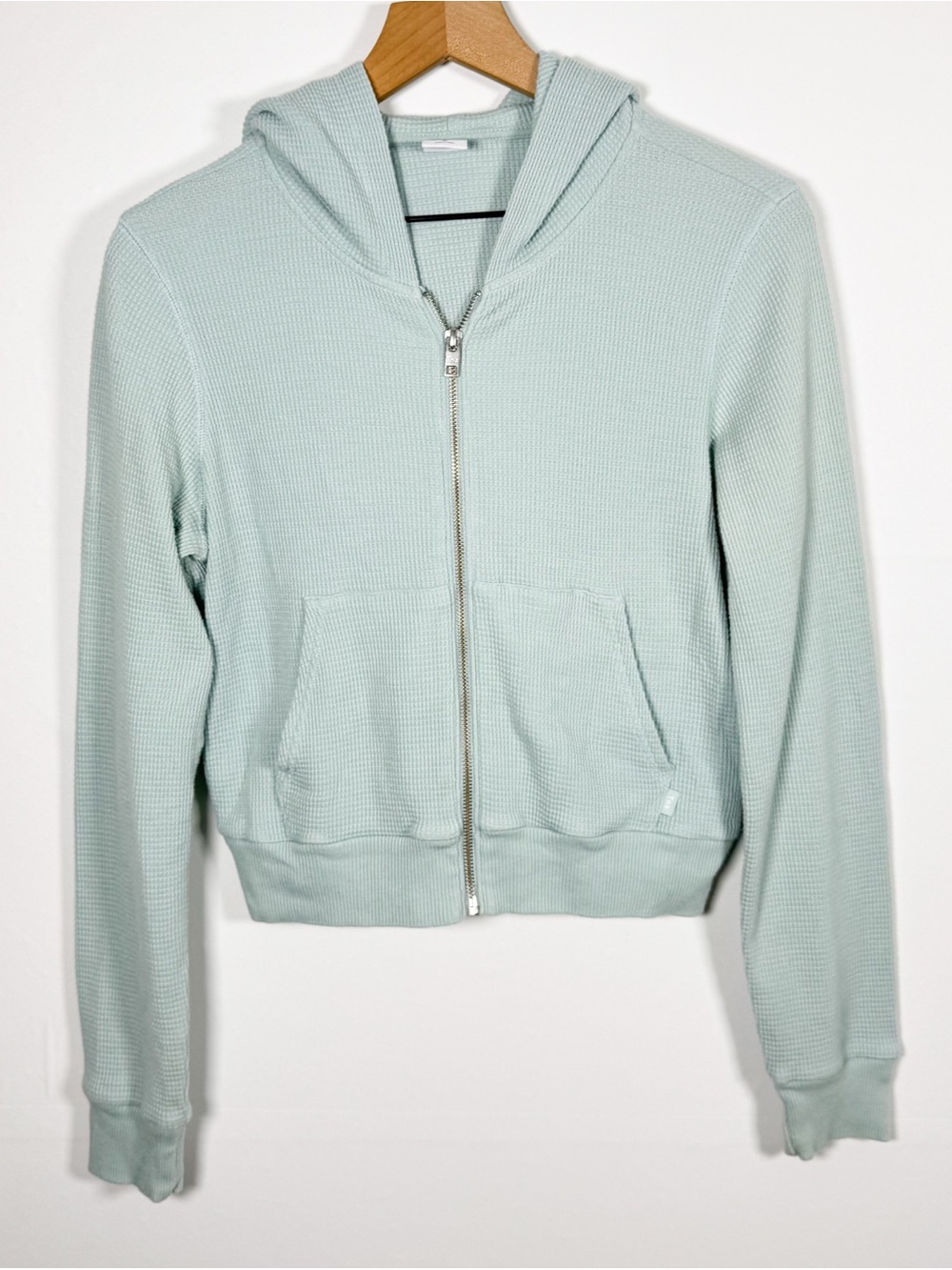 TNA Aritzia Mint Waffle Knit Cropped Full Zip Pocketed Hoodie Sz M